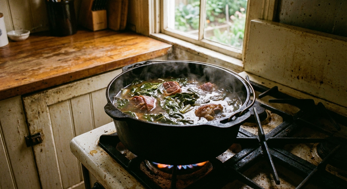 A Dutch oven on a stovetop with collard greens simmering in smoky broth