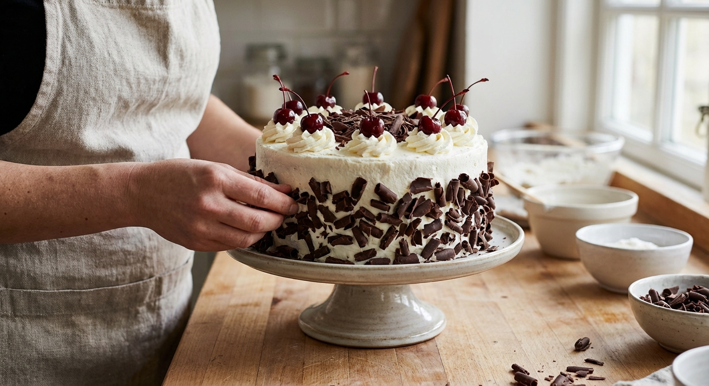 A baker adding chocolate shavings to the sides of a whipped cream frosted Black Forest cake on a cake stand