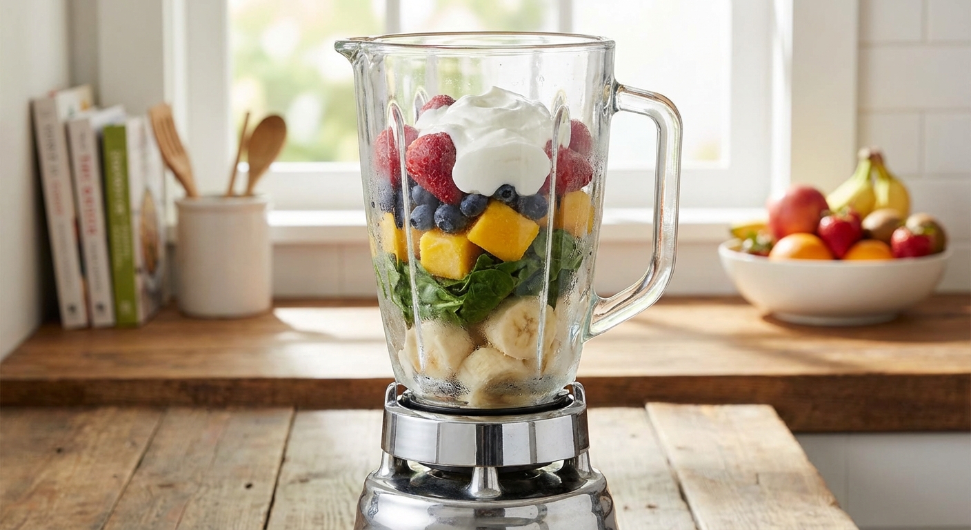 A blender jar filled with colorful frozen fruit and yogurt on a kitchen counter before blending