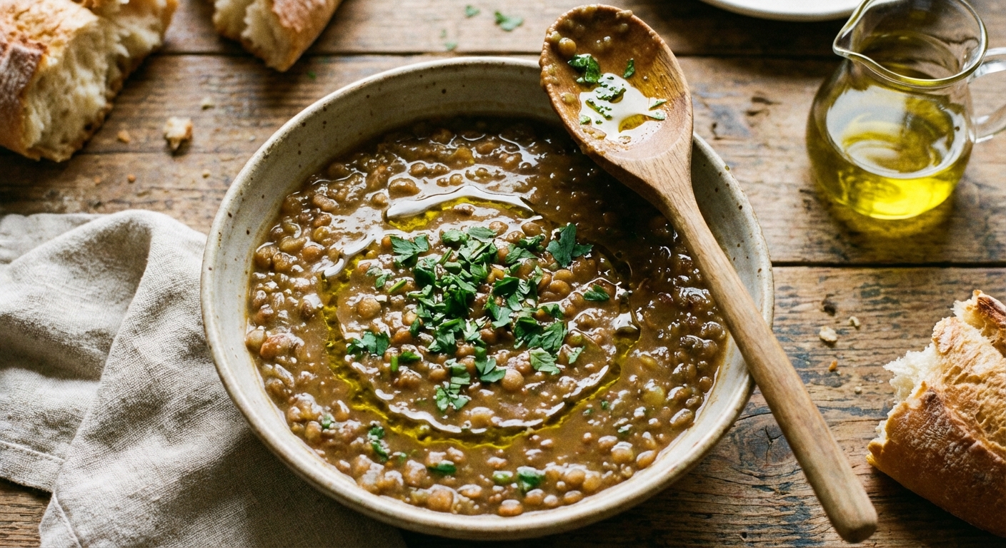 A bowl of lentil soup topped with chopped parsley and a drizzle of olive oil on a wooden spoon nearby