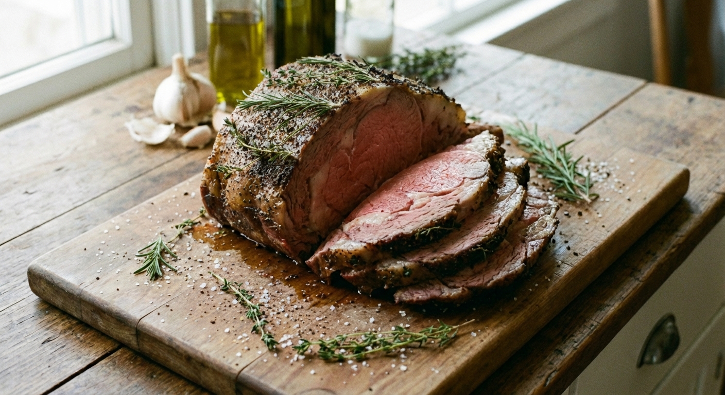 A carved prime rib roast with slices fanned out, showing a browned crust and medium-rare pink interior on a wooden cutting board