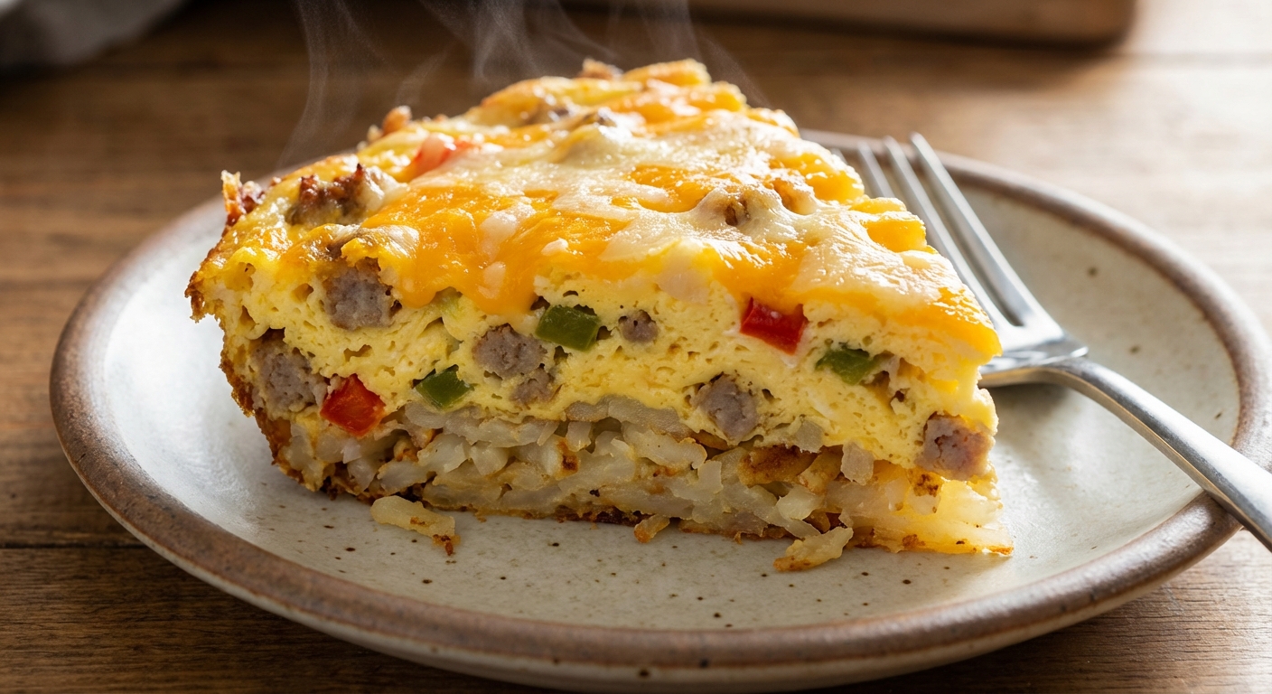 A close-up of a sliced breakfast casserole piece on a plate showing layers of hash browns, egg, and cheese