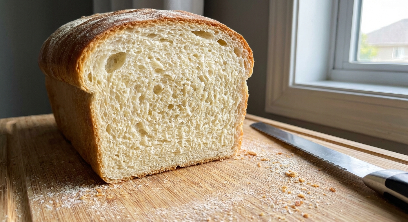 A close-up of a sliced loaf of sandwich bread showing a soft, fluffy crumb on a cutting board