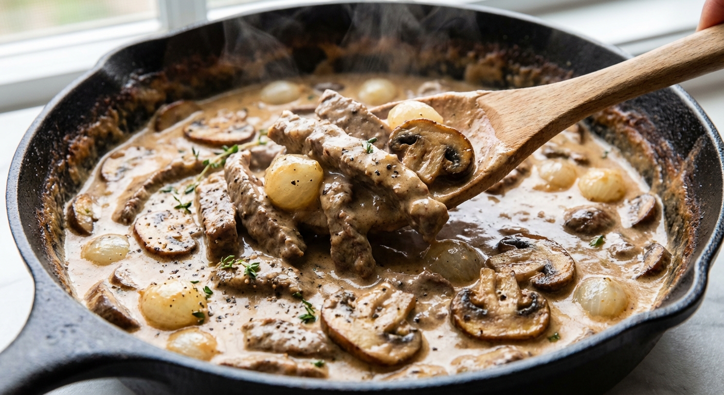 A close-up of creamy beef stroganoff sauce being stirred in a skillet with mushrooms and sliced beef