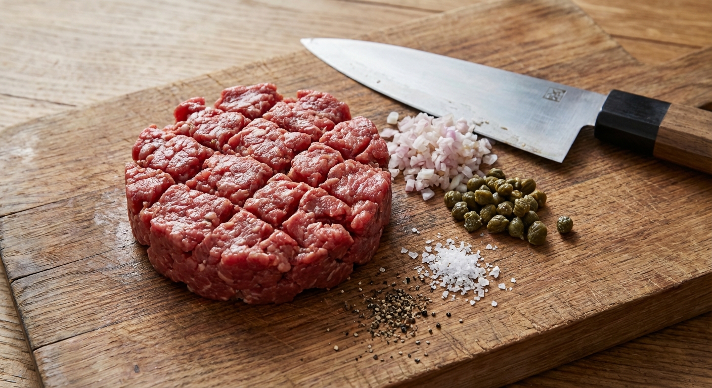 A close-up of hand-cut raw beef on a cutting board with a chef's knife, with chopped shallots and capers nearby