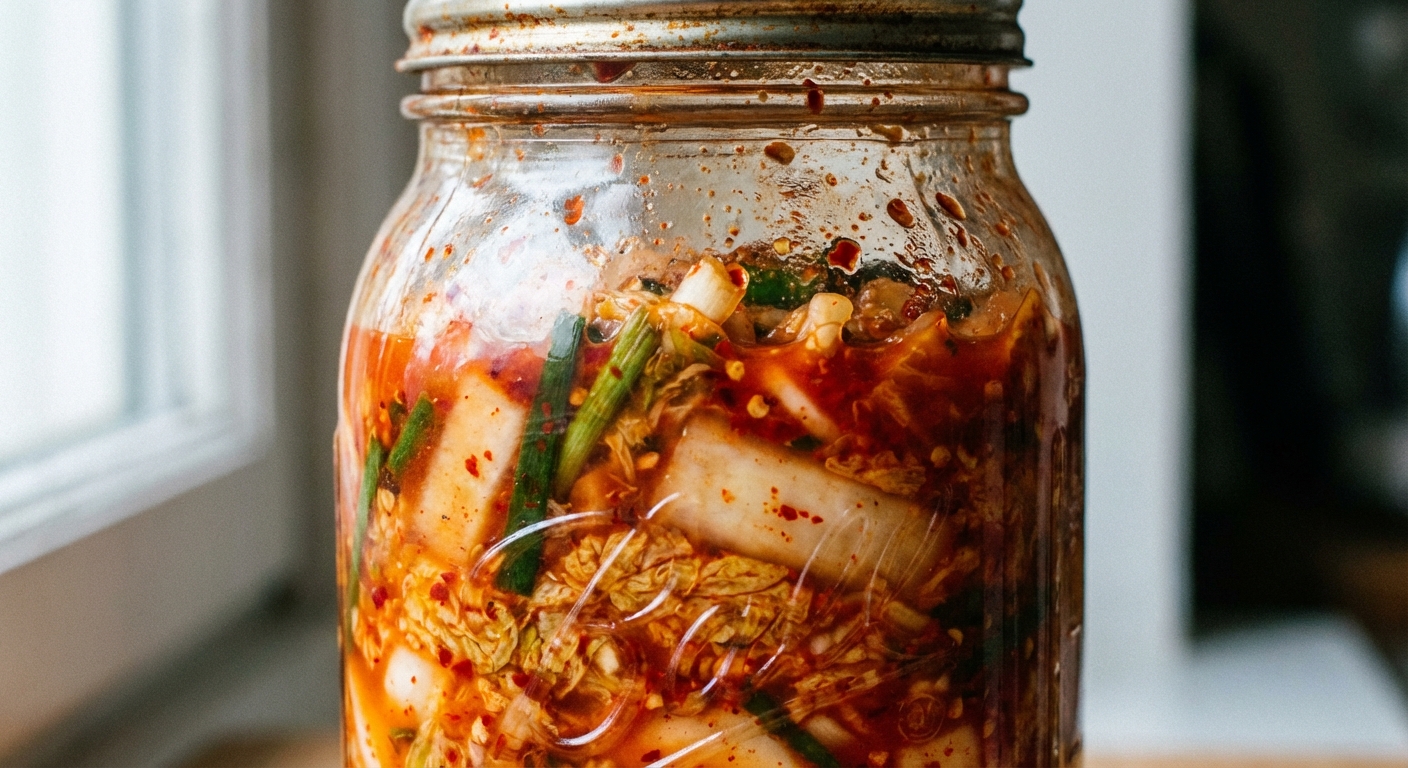 A close-up photo of a glass jar packed with spicy kimchi showing red brine and napa cabbage layers