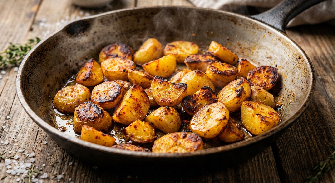 A close-up photo of crispy potato pieces with browned edges and flecks of paprika in a skillet