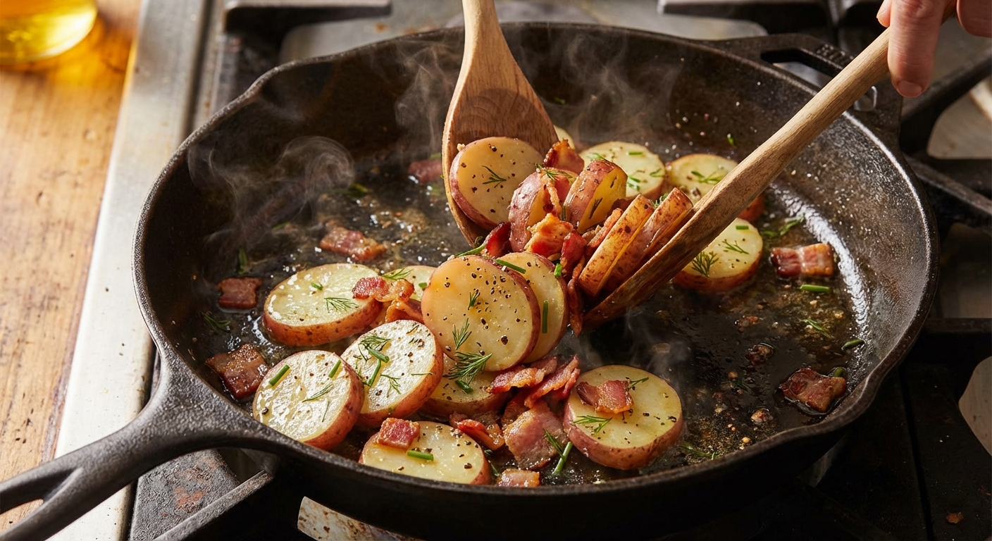A close-up photo of sliced red potatoes and bacon being tossed with warm vinegar dressing in a skillet