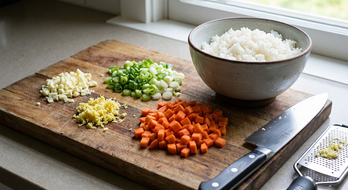 A cutting board with chopped garlic, grated ginger, sliced scallions, and diced carrots next to a bowl of chilled cooked rice
