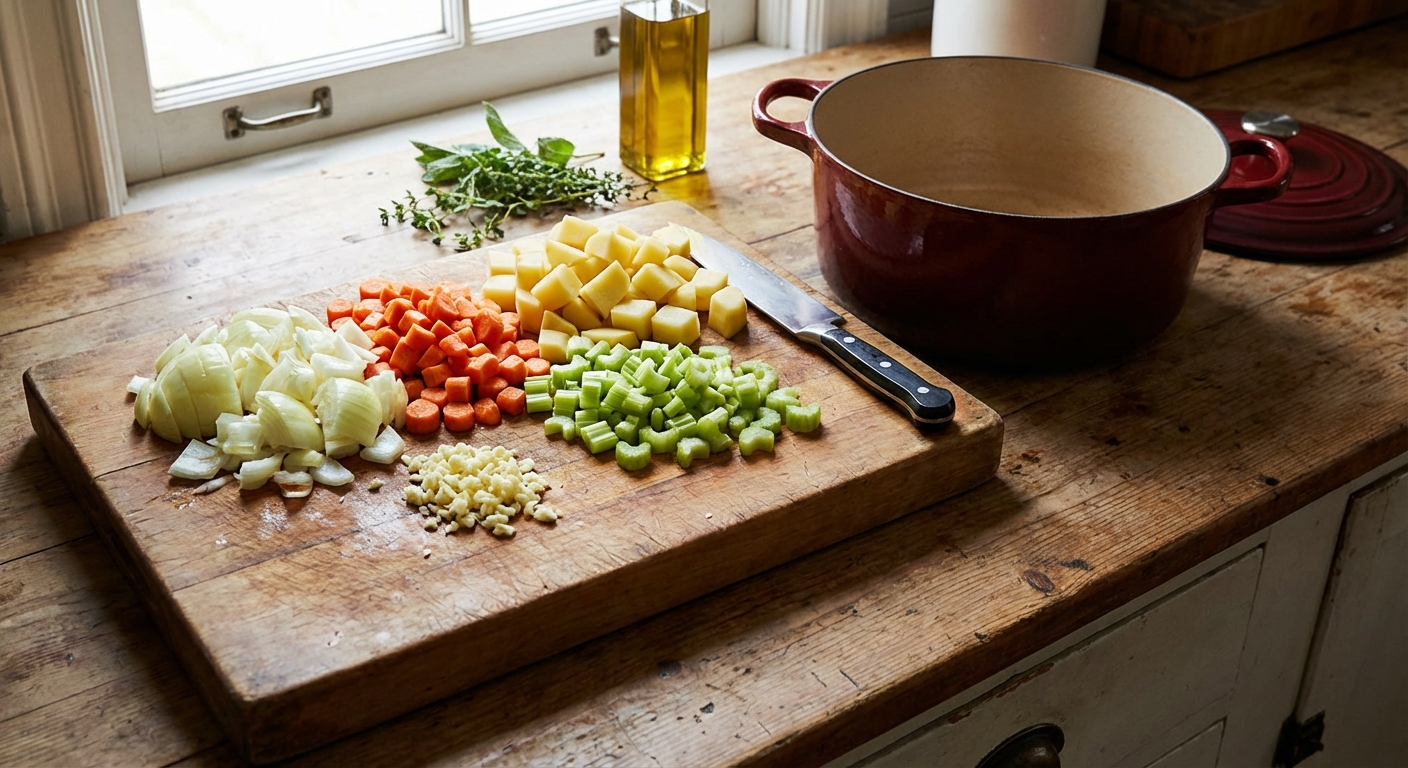 A cutting board with chopped onions, carrots, celery, garlic, and diced potatoes next to a Dutch oven