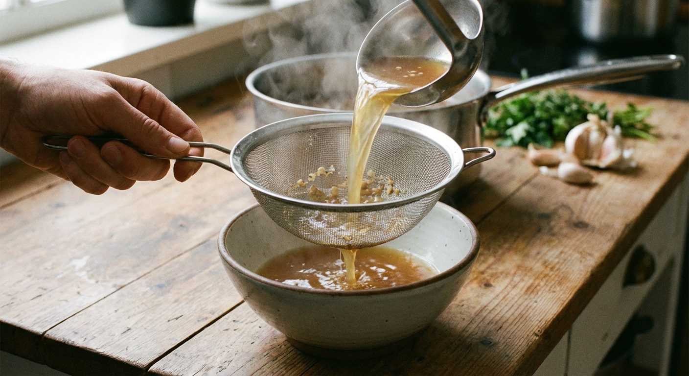 A fine mesh strainer held over a bowl as warm broth is poured through