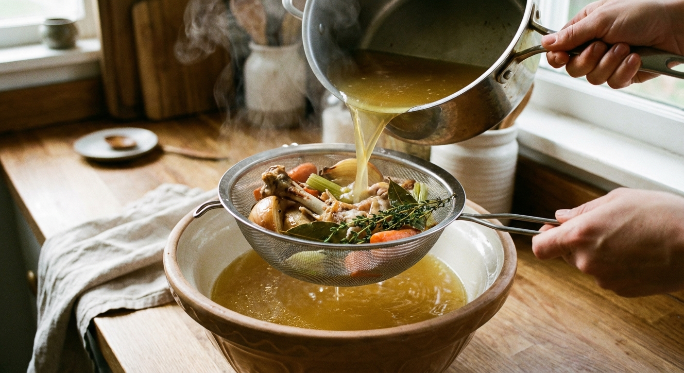A fine mesh strainer set over a large bowl with golden chicken broth being poured through, with roasted bones and vegetables visible in the strainer