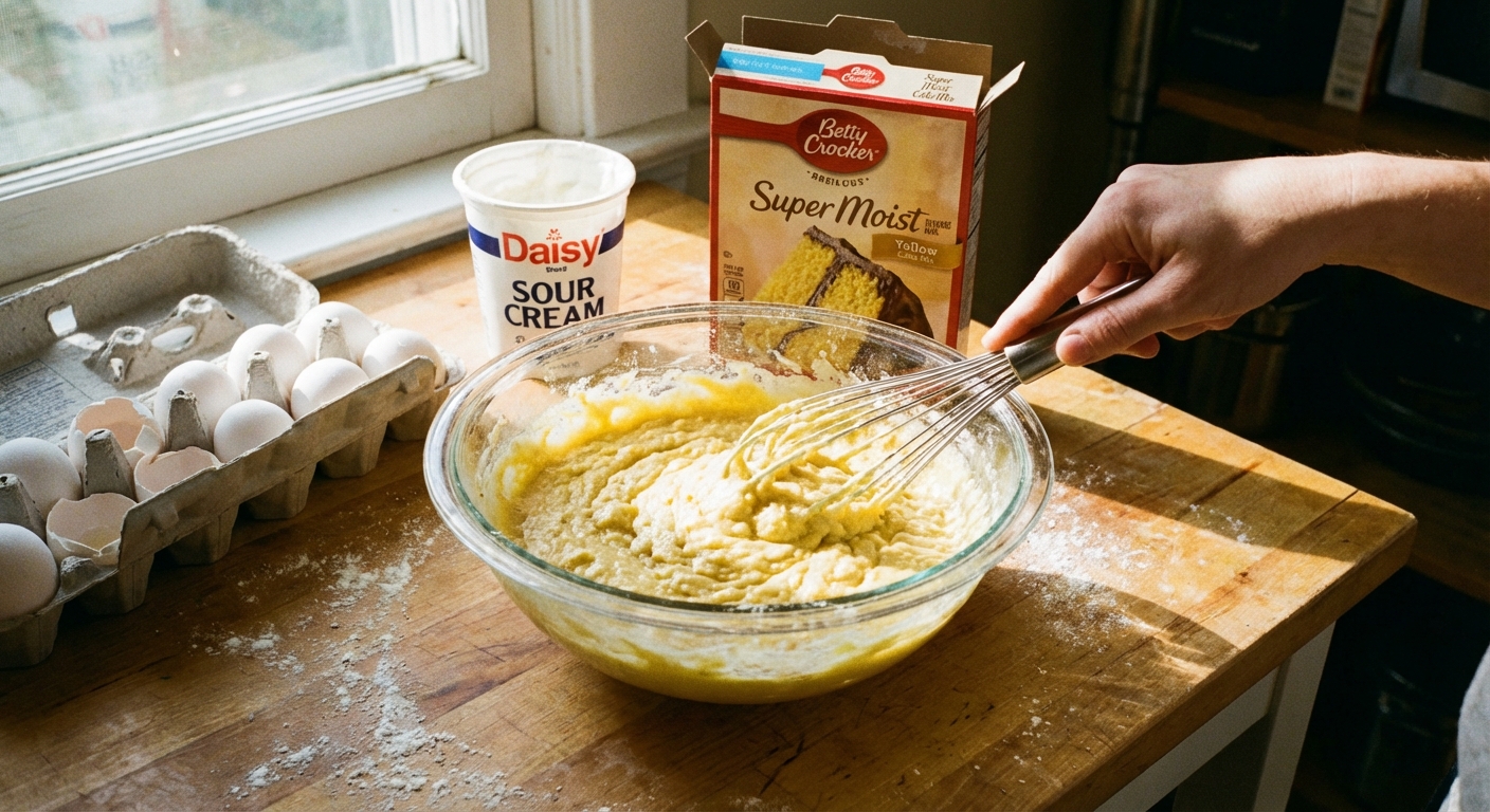 A glass mixing bowl filled with boxed cake batter being whisked on a wooden countertop with eggs and a carton of sour cream nearby