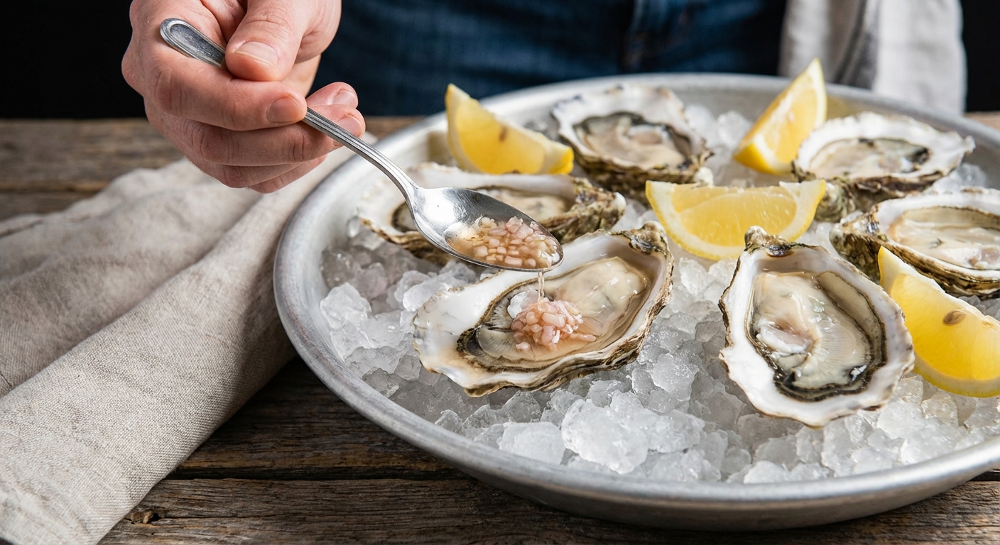 A hand spooning shallot mignonette onto a freshly shucked oyster on crushed ice