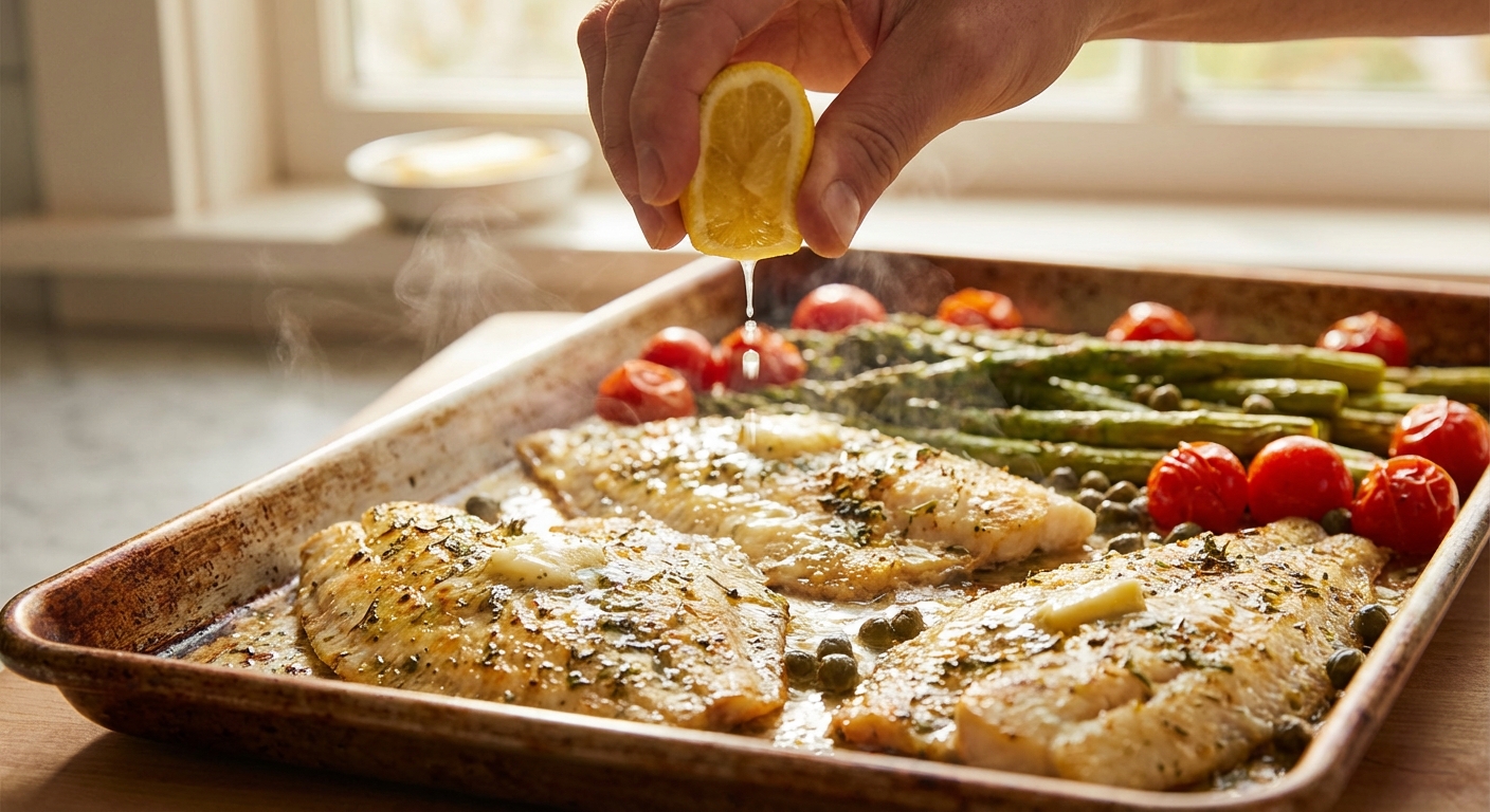 A hand squeezing a lemon wedge over baked flounder fillets on a rimmed baking sheet, with visible steam rising