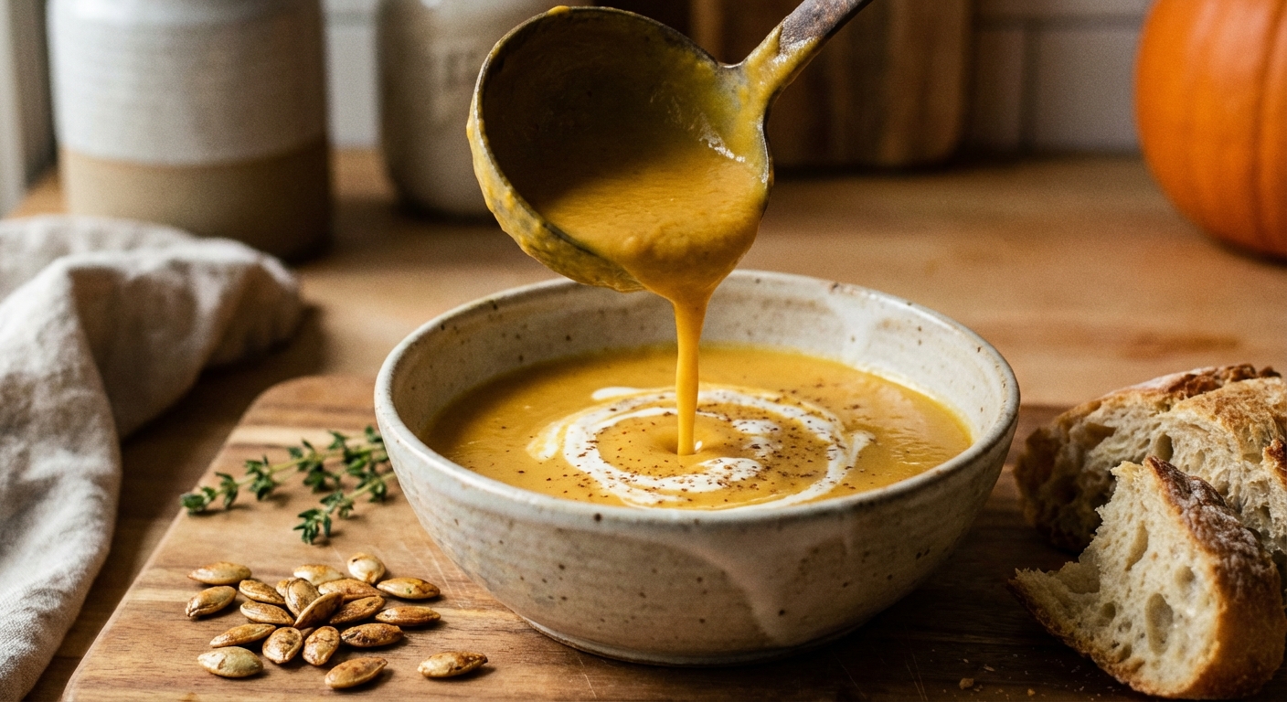 A ladle pouring creamy pumpkin soup into a bowl with toasted pumpkin seeds nearby