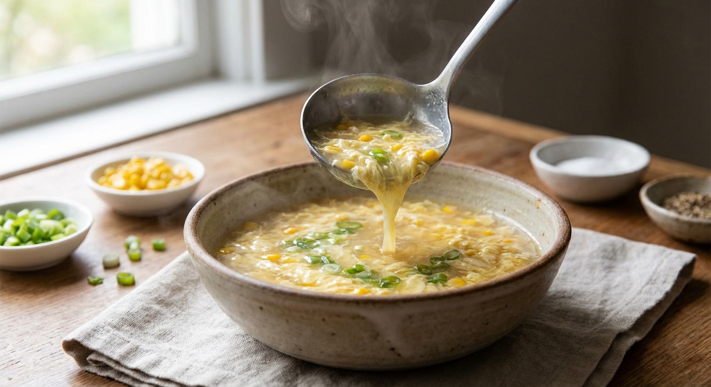 A ladle pouring egg drop soup into a bowl with scallions scattered on top