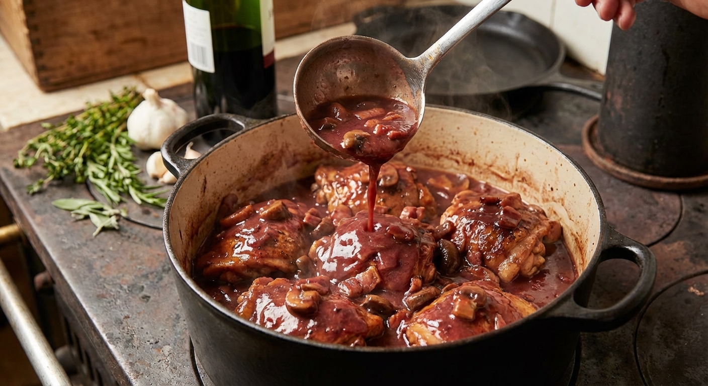 A ladle pouring thickened red wine sauce over chicken thighs in a pot