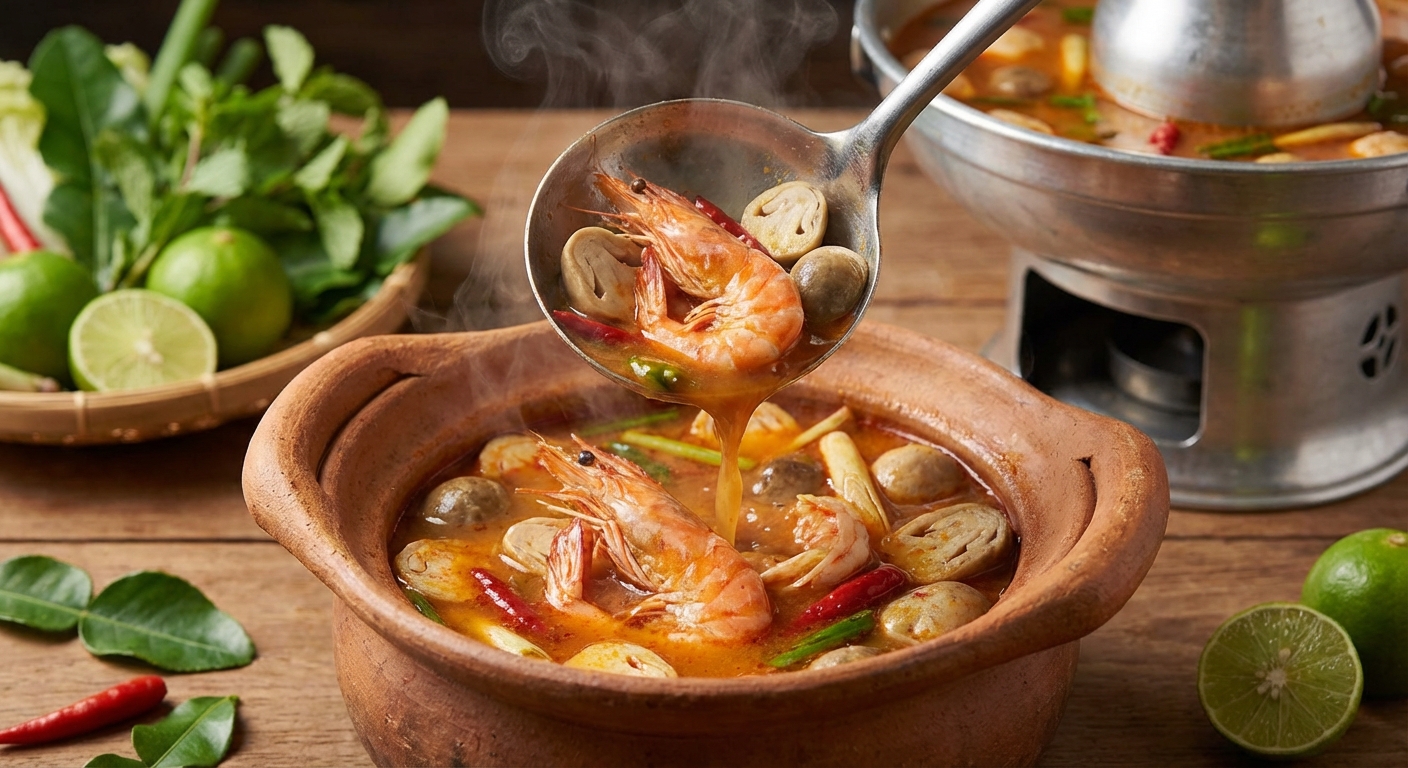 A ladle pouring tom yum soup with shrimp and mushrooms into a bowl