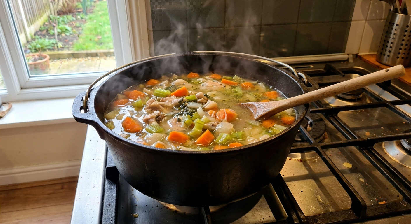 A large pot of chicken soup gently simmering on a stovetop with visible carrots and celery