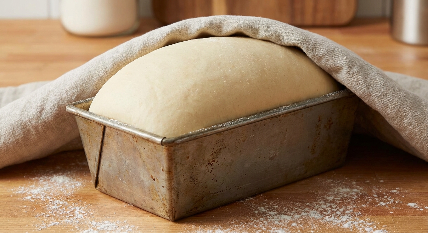 A loaf of sandwich bread in a metal loaf pan with a domed top just before baking