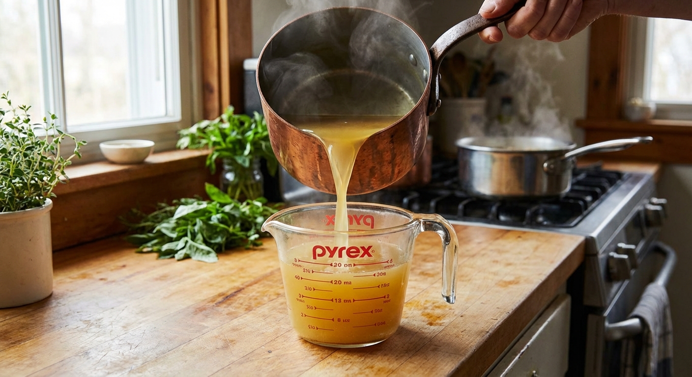 A measuring cup being filled with warm golden broth from a saucepan on a kitchen counter