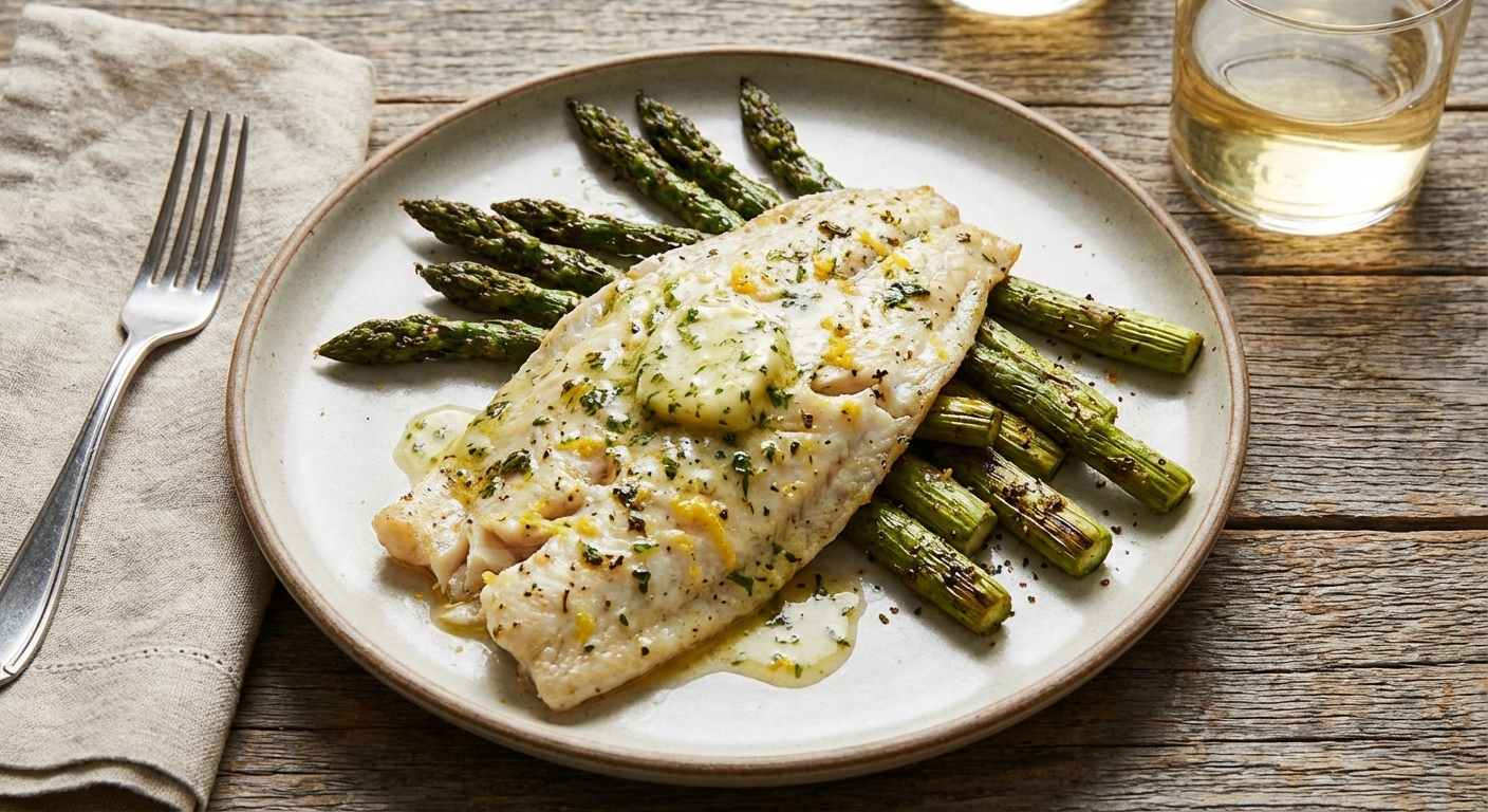 A plated serving of baked flounder with lemon herb butter alongside roasted asparagus on a dinner plate