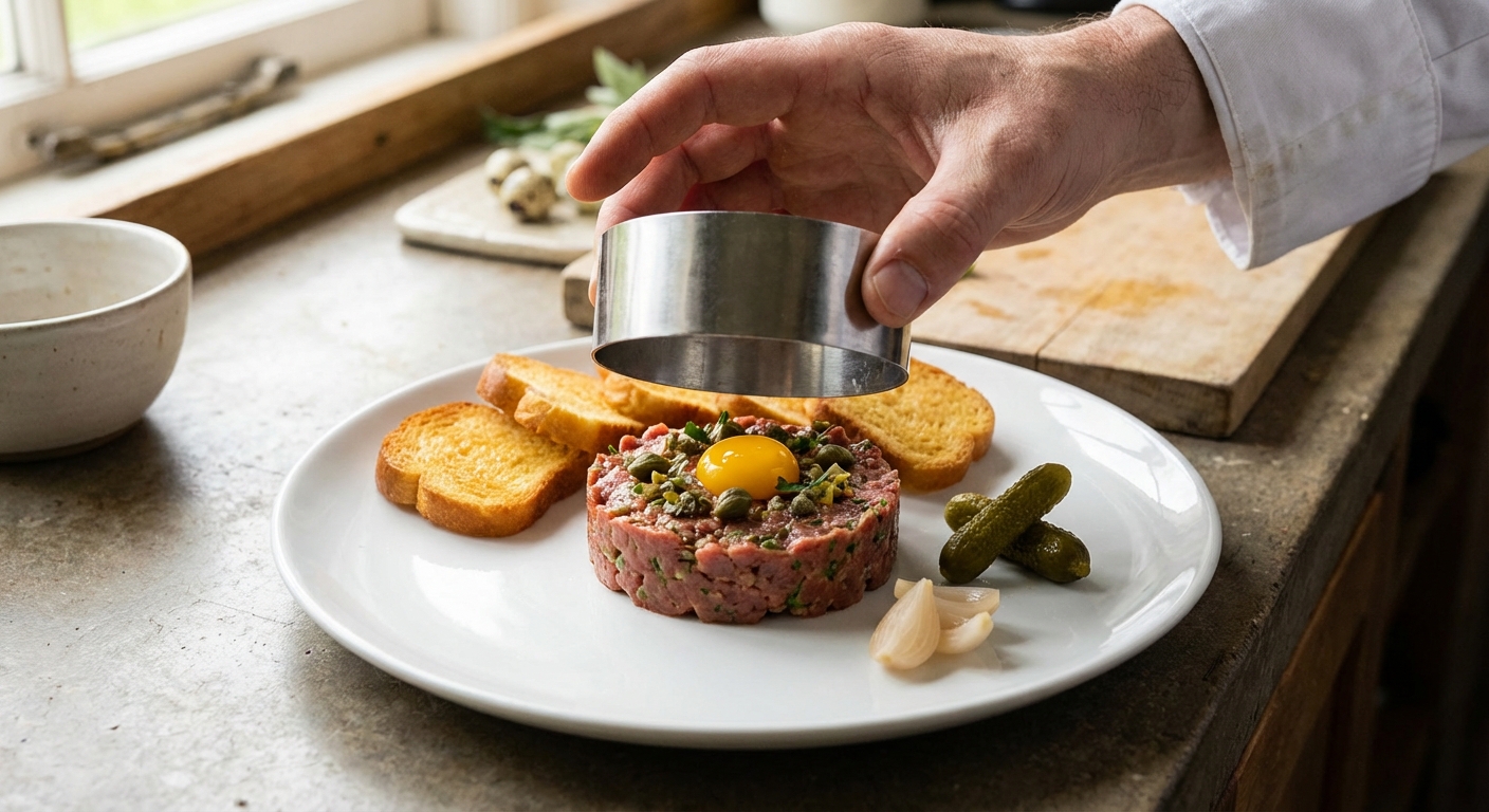 A plated steak tartare being shaped with a metal ring mold on a white plate, with toast points nearby