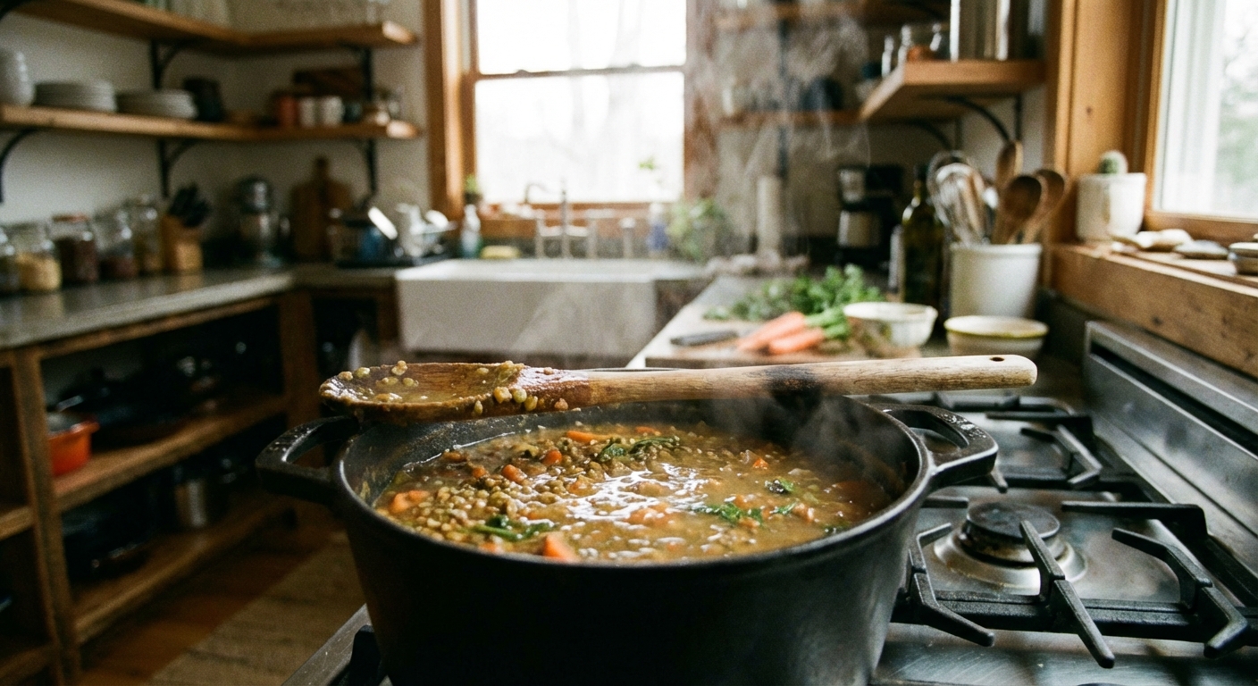 A pot of lentil soup simmering on a stovetop with a wooden spoon resting on the rim