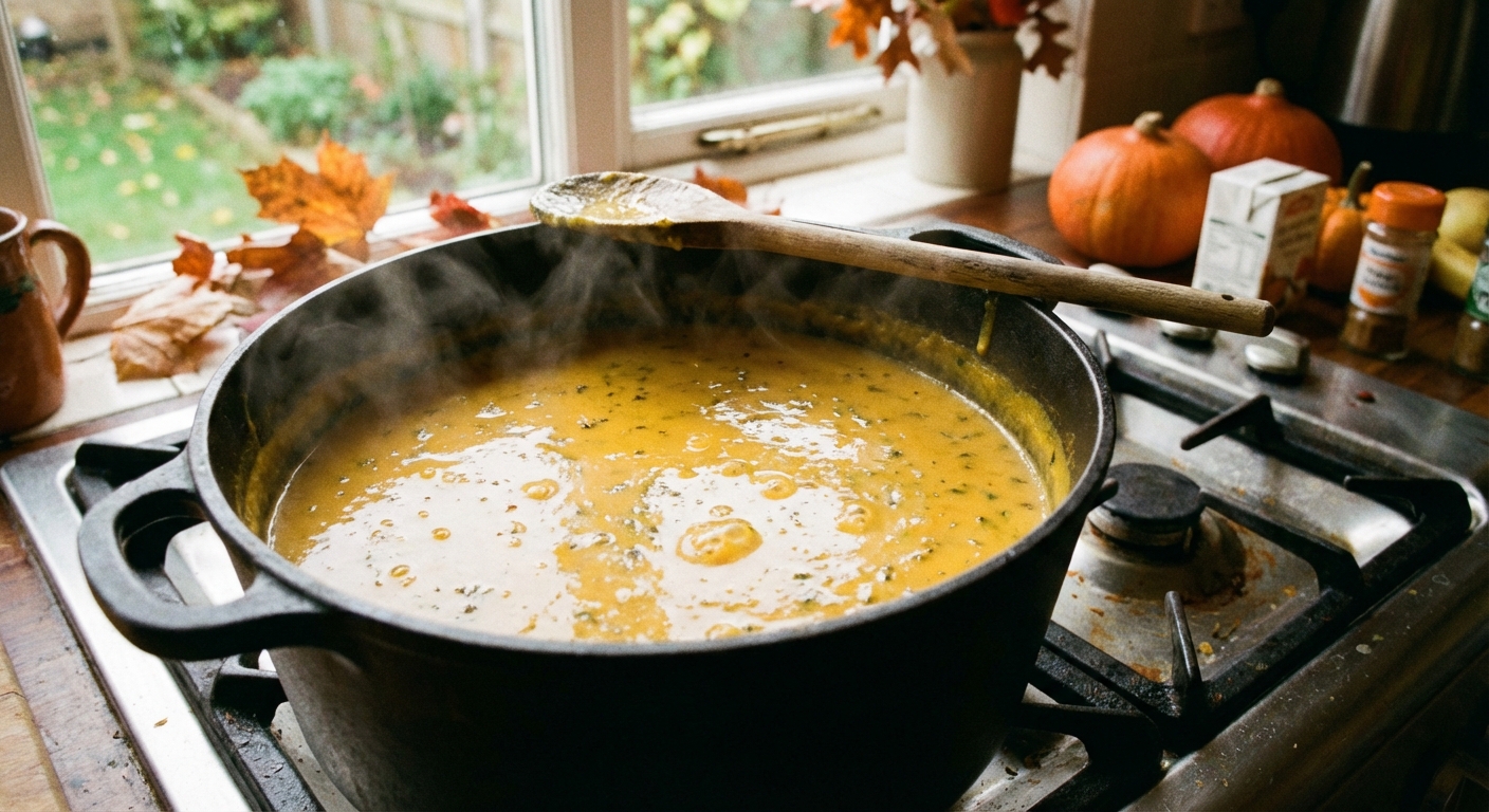 A pot of pumpkin soup simmering on a stovetop with a wooden spoon resting on the rim