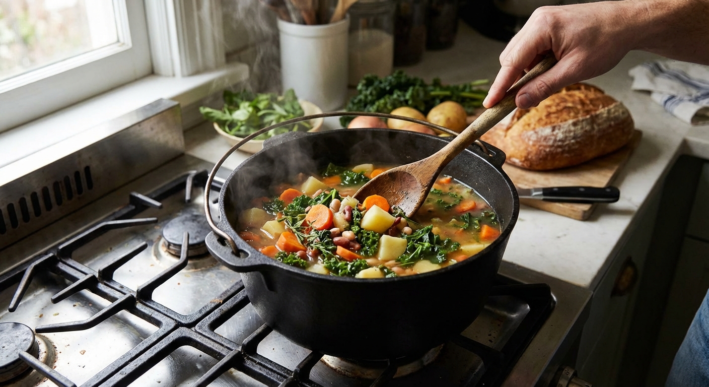 A pot of vegan vegetable soup simmering on a stovetop with a wooden spoon stirring