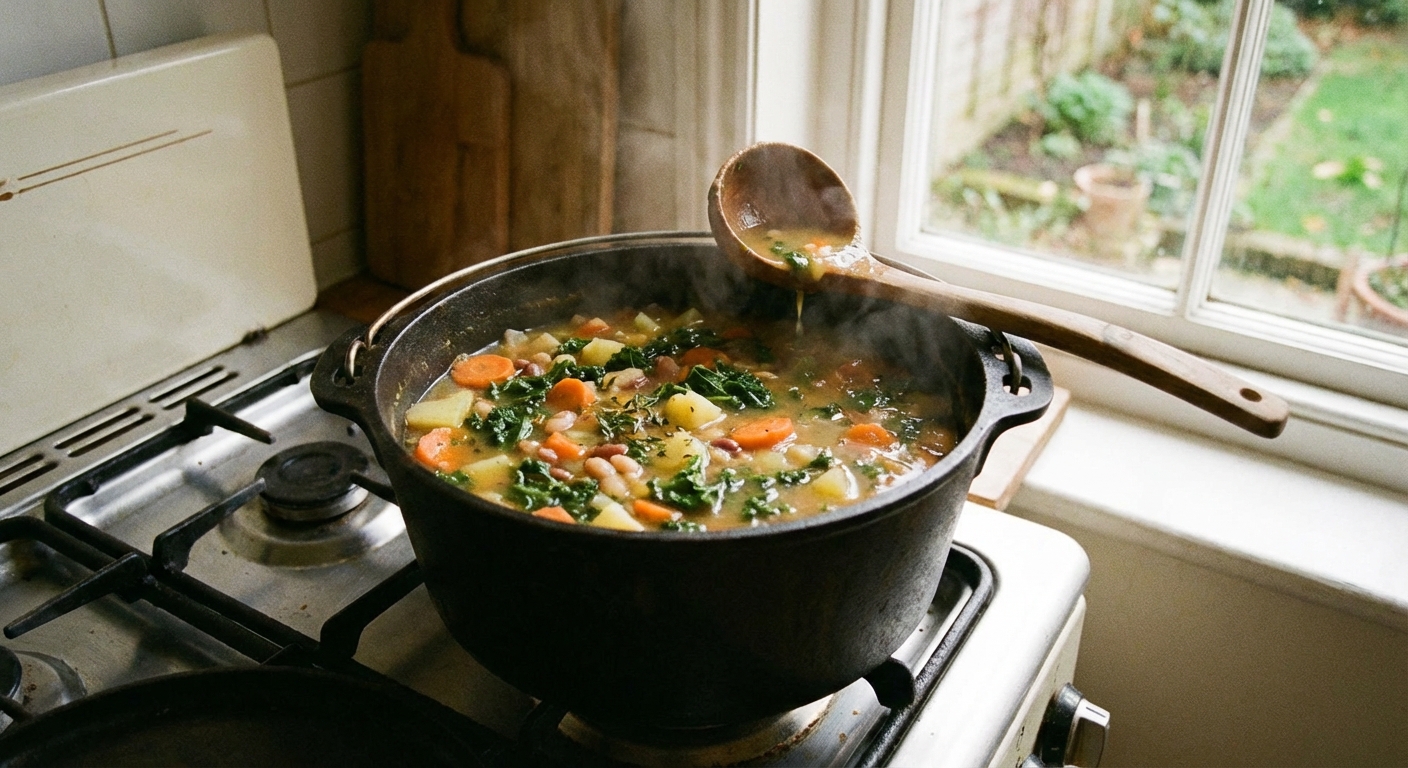 A pot of vegetable soup simmering on the stove with a ladle resting on the rim