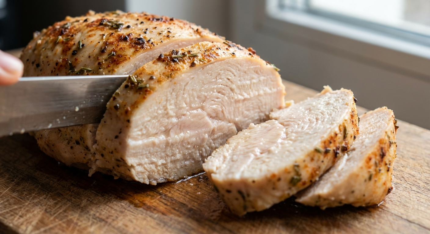 A real photo close-up of sliced baked chicken breast showing moist interior and lightly browned seasoning crust