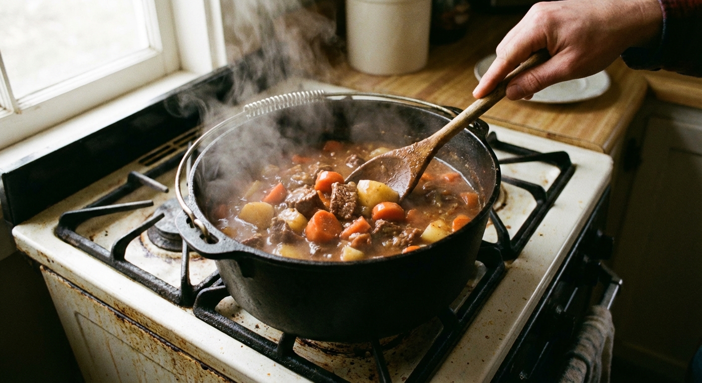 A real photo of a pot of beef stew on a stovetop with steam rising and a wooden spoon stirring