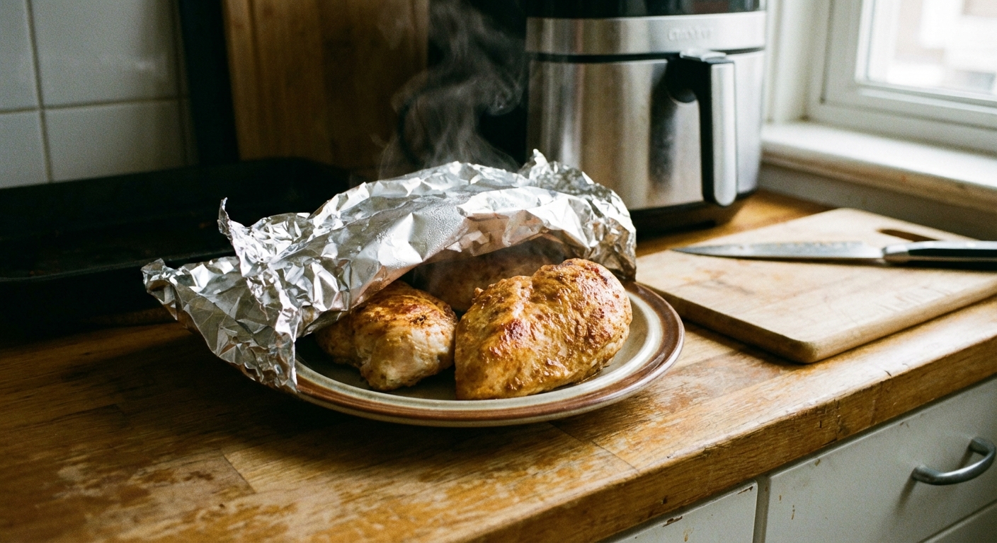 A real photo of air fryer chicken breasts resting on a plate loosely covered with foil on a kitchen counter