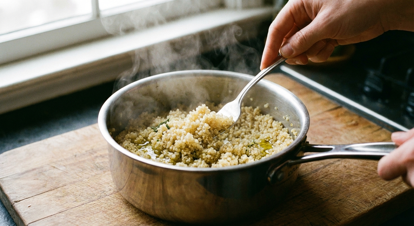 A real photo of cooked quinoa being fluffed with a fork in the saucepan, showing separated grains and steam