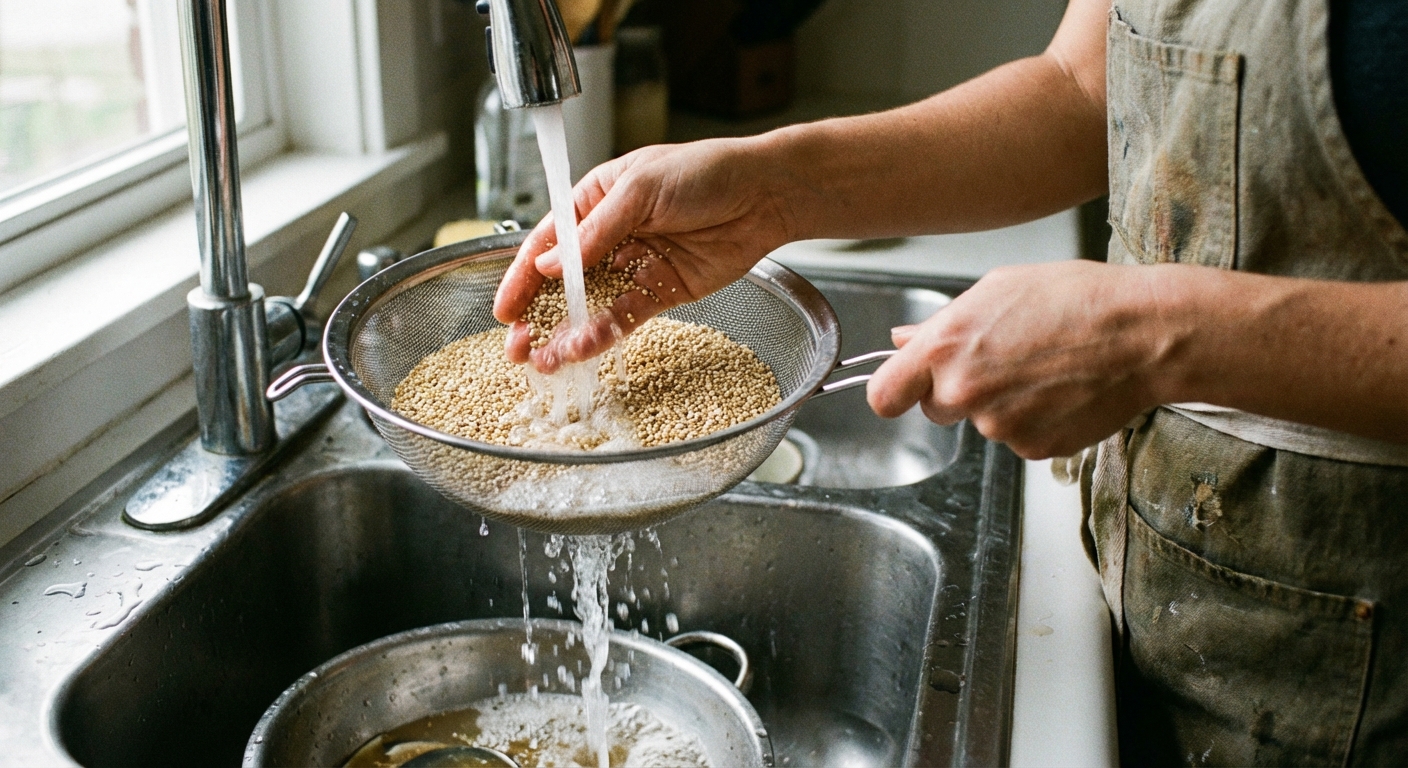 A real photo of quinoa being rinsed in a fine mesh sieve under running water over a sink