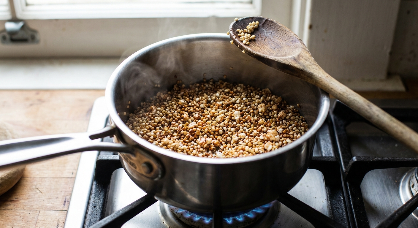 A real photo of quinoa toasting in a small saucepan, with grains lightly golden and a wooden spoon nearby