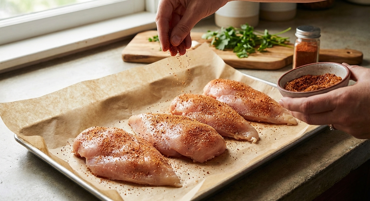 A real photo of raw chicken breasts on a parchment-lined sheet pan being sprinkled with a paprika garlic seasoning