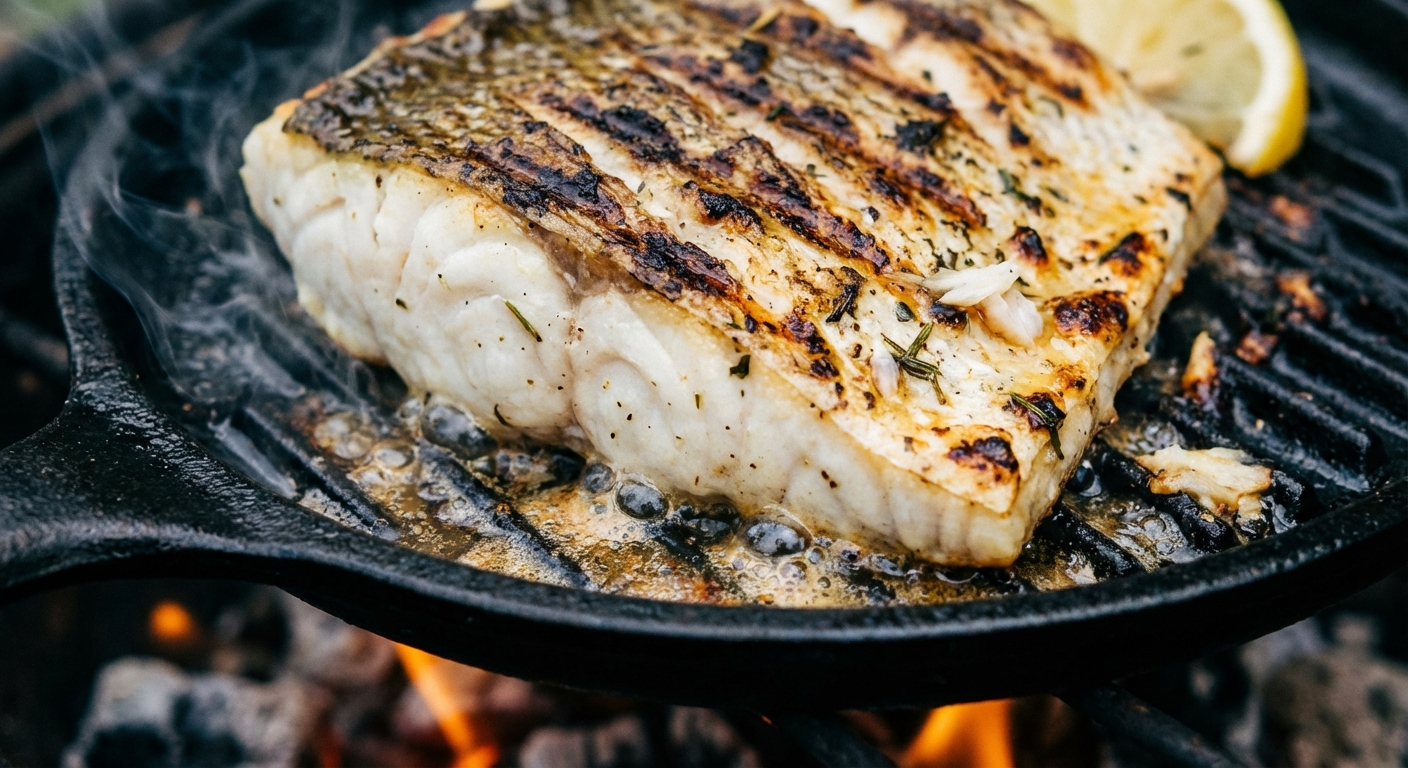 A real photograph close-up of a fish fillet on a grill with sizzling edges and visible grill marks