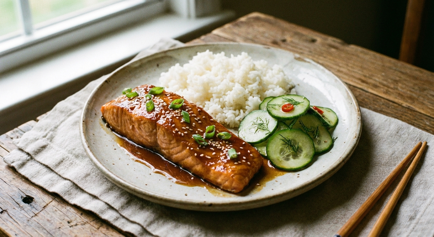 A real photograph of a plated salmon fillet with glossy glaze next to steamed rice and sliced cucumbers