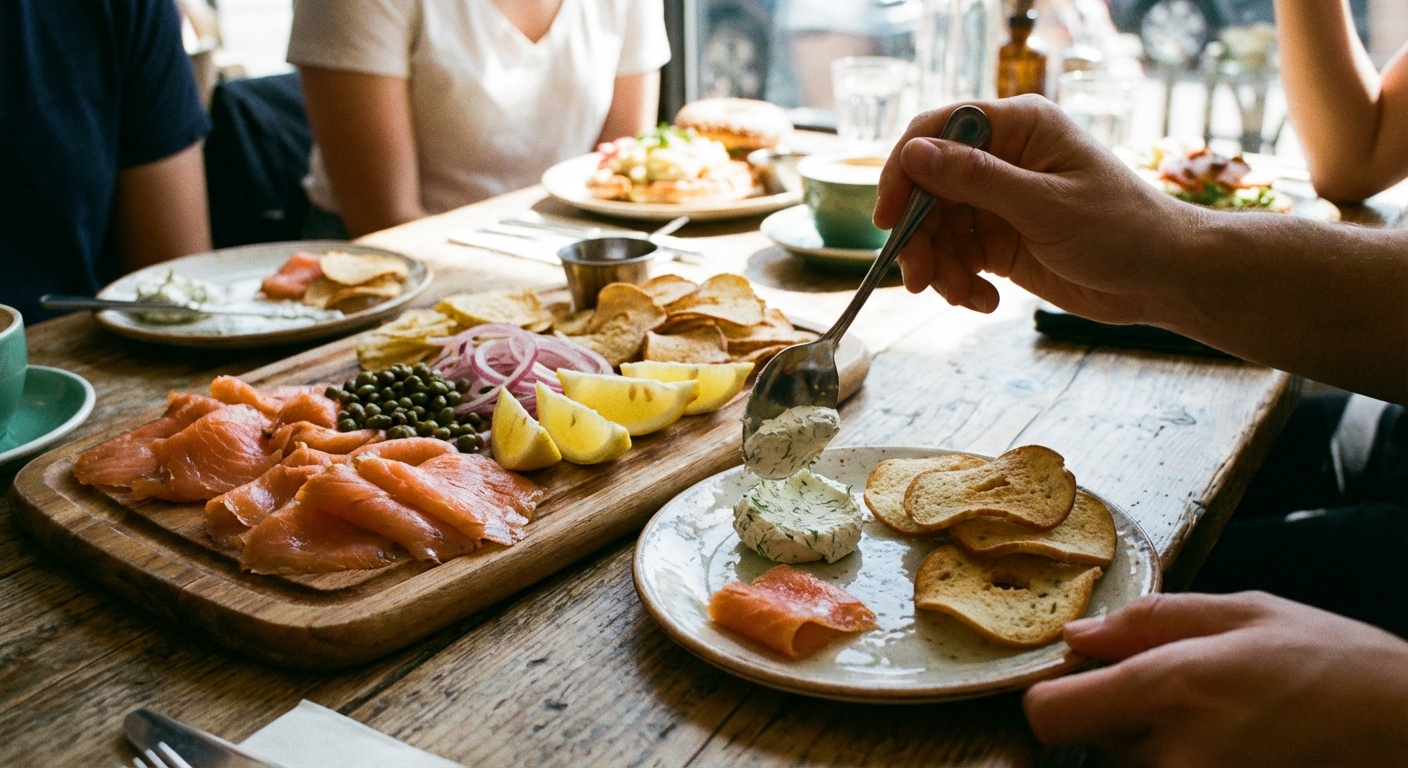A real photograph of a smoked salmon platter being served with bagel chips and a spoonful of dill cream cheese on a small plate