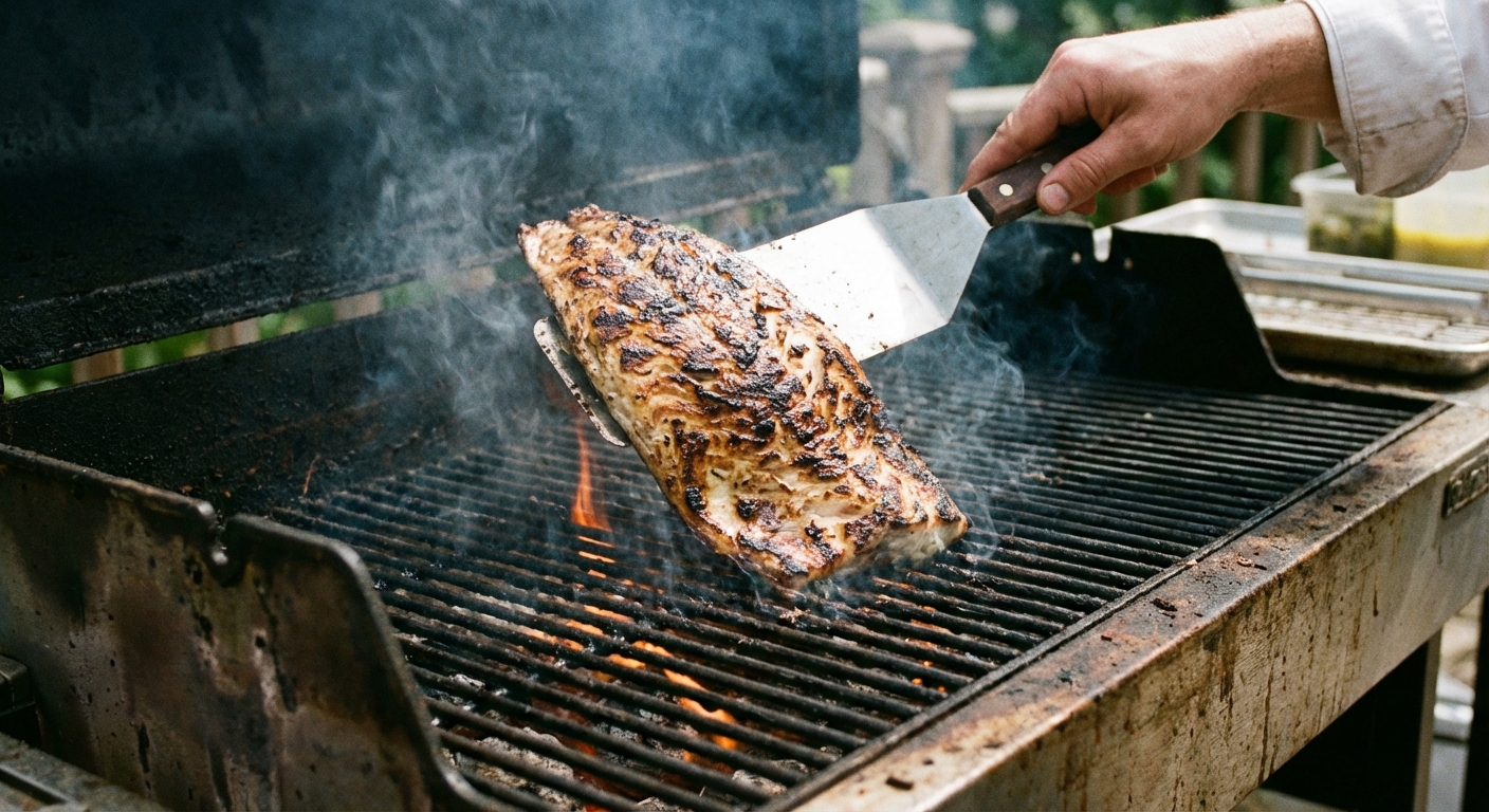 A real photograph of a wide spatula lifting a grilled fish fillet from hot grill grates mid-flip