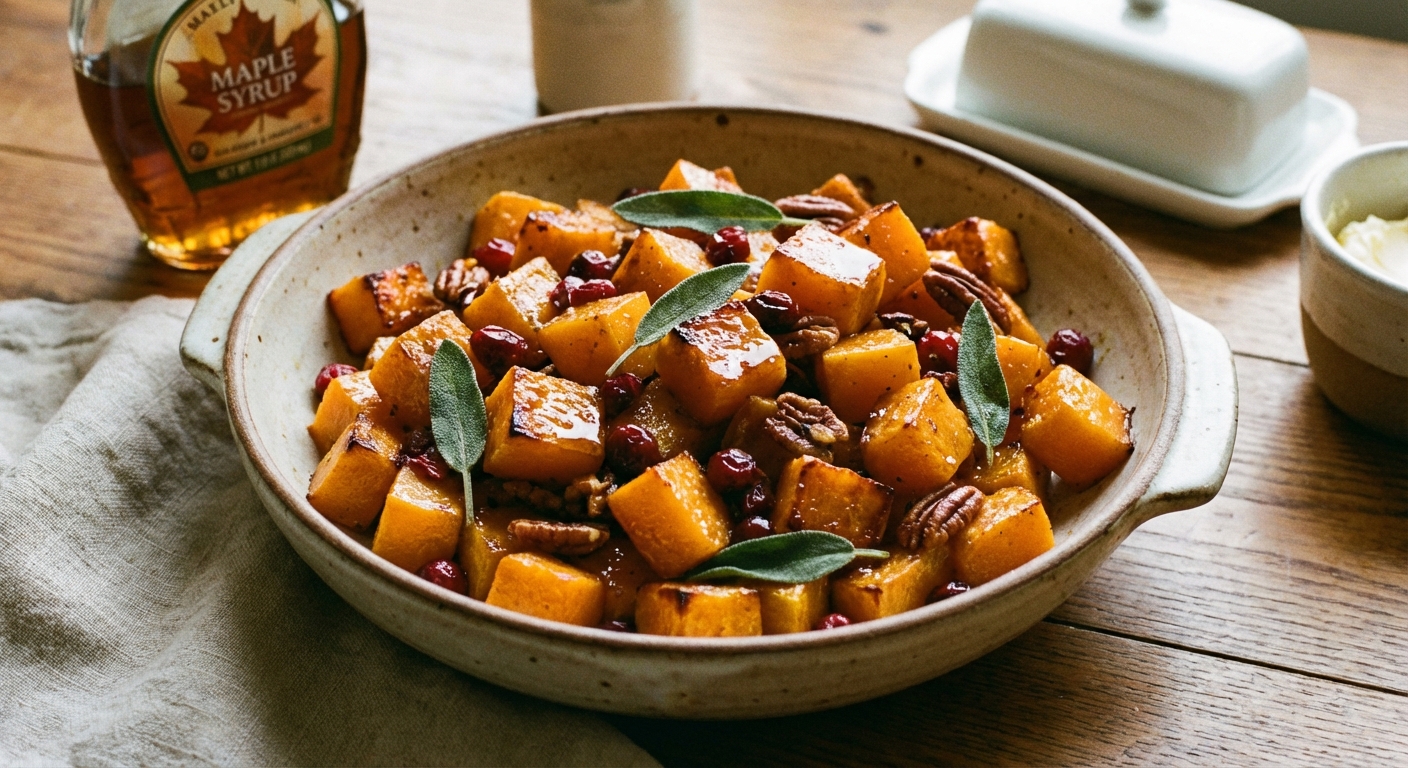 A serving bowl filled with roasted butternut squash cubes coated in a glossy maple butter glaze
