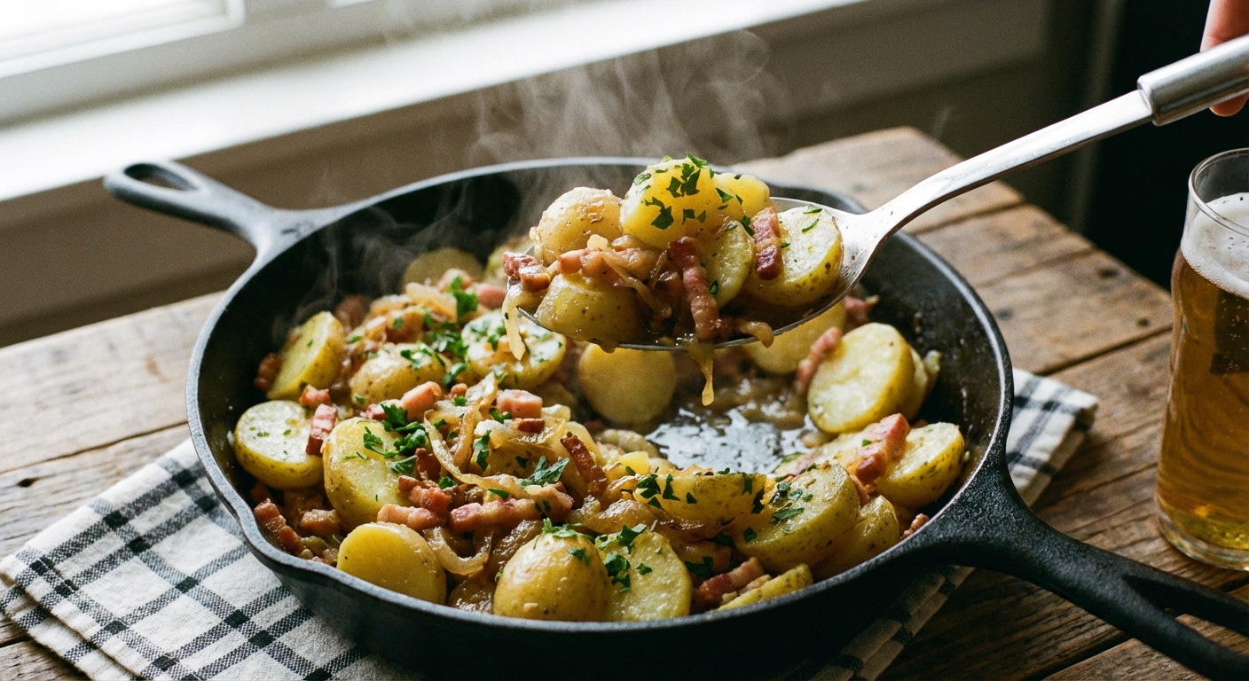A serving spoon lifting warm German potato salad with bacon and parsley from a skillet