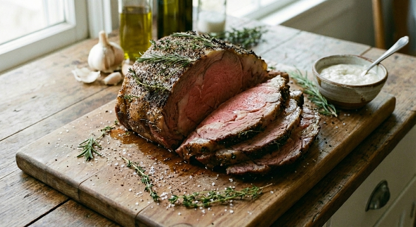 A sliced prime rib roast on a cutting board with a browned crust, pink center, and a small bowl of horseradish cream nearby