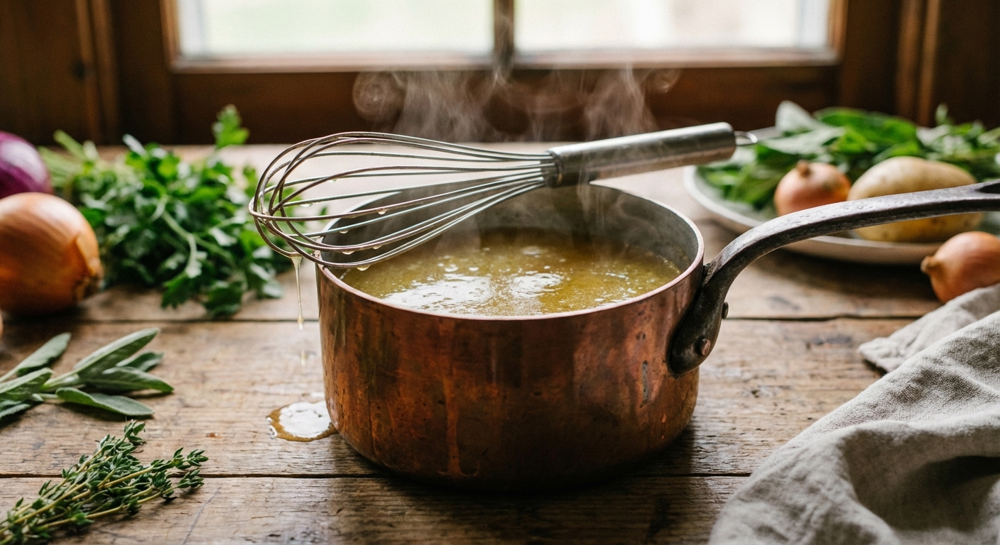 A small saucepan of simmering golden broth with a whisk resting on the rim