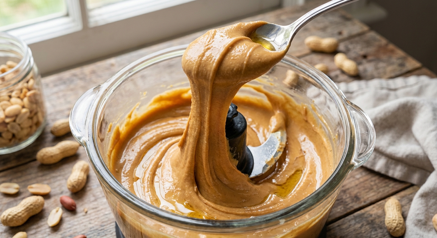 A spoon lifting a ribbon of glossy creamy peanut butter from a food processor bowl