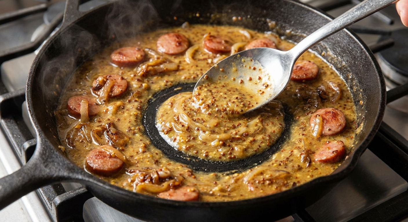 A spoon stirring a mustard pan sauce in a skillet with browned bits from kielbasa