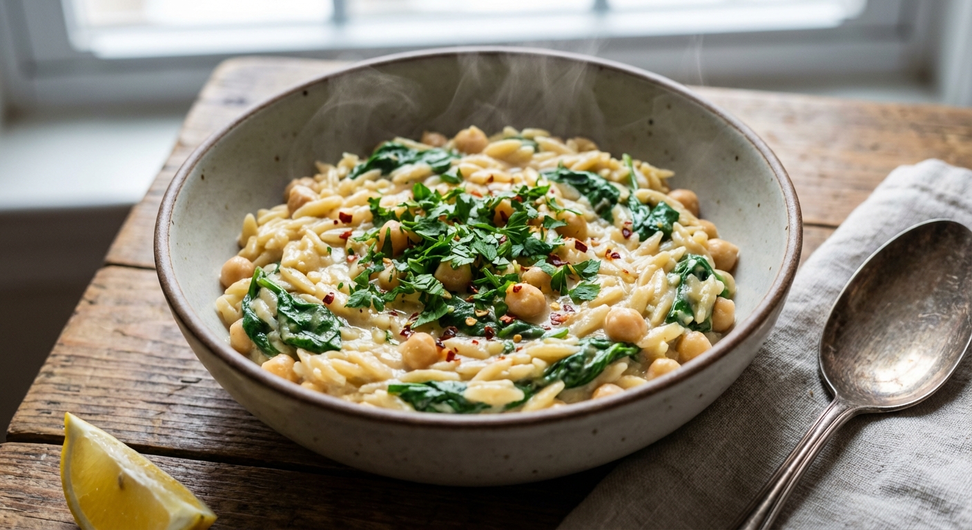 Creamy Lemon Tahini Chickpea Orzo (One-Pot, 30 Minutes)